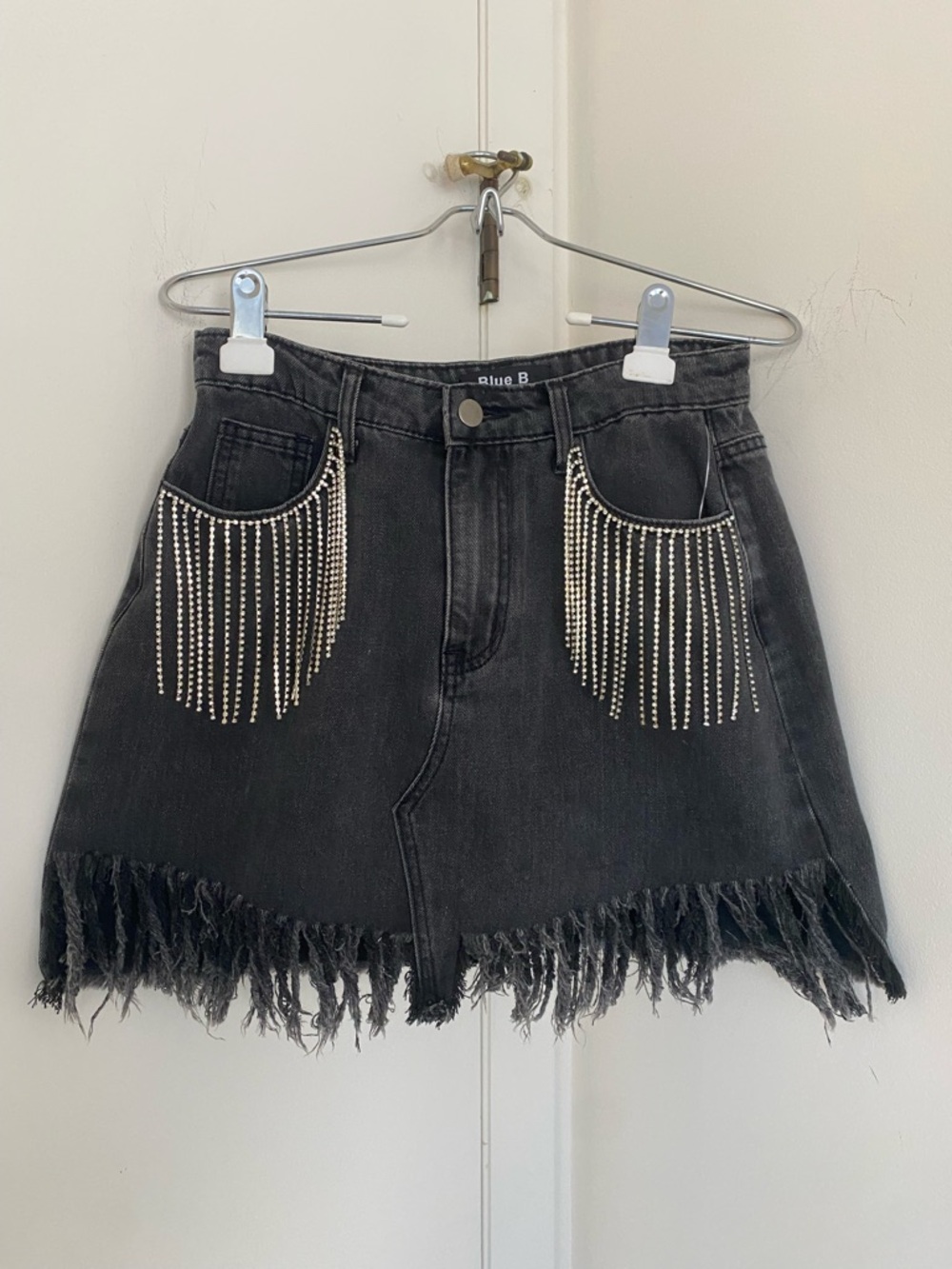 Western Festival Washed Black Denim Mini Skirt Rhinestone Fringe Frayed Small